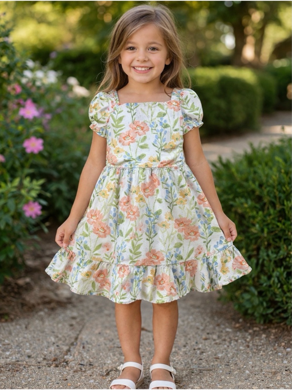 Gymboree Peach & Green Floral Puff-Sleeve Dress